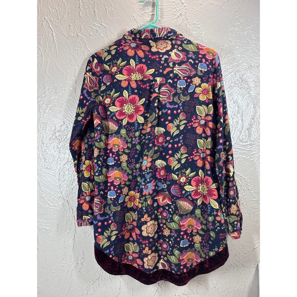 Amanda Blue Velvet Trimmed Floral Button Down Shirt Blouse Womens Size‎ Medium - Picture 4 of 5